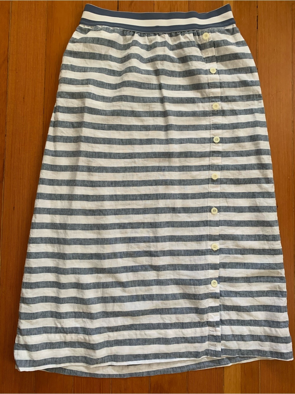 100% Linen Striped Blue & White Long Skirt with Button Front - Picture 2 of 8